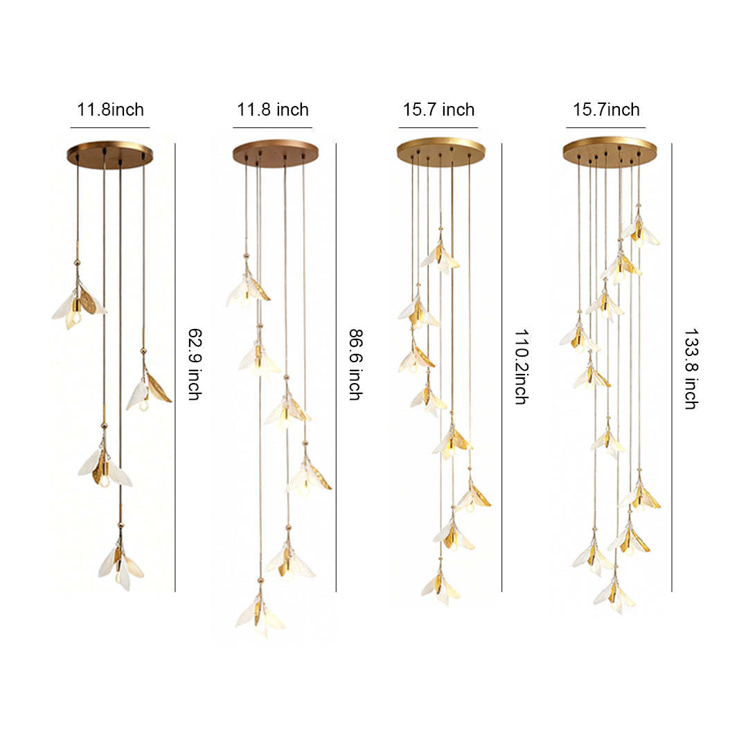 Staircase chandelier ideas showcasing multiple cascading designs with branching glass flower elements in various gold finishes