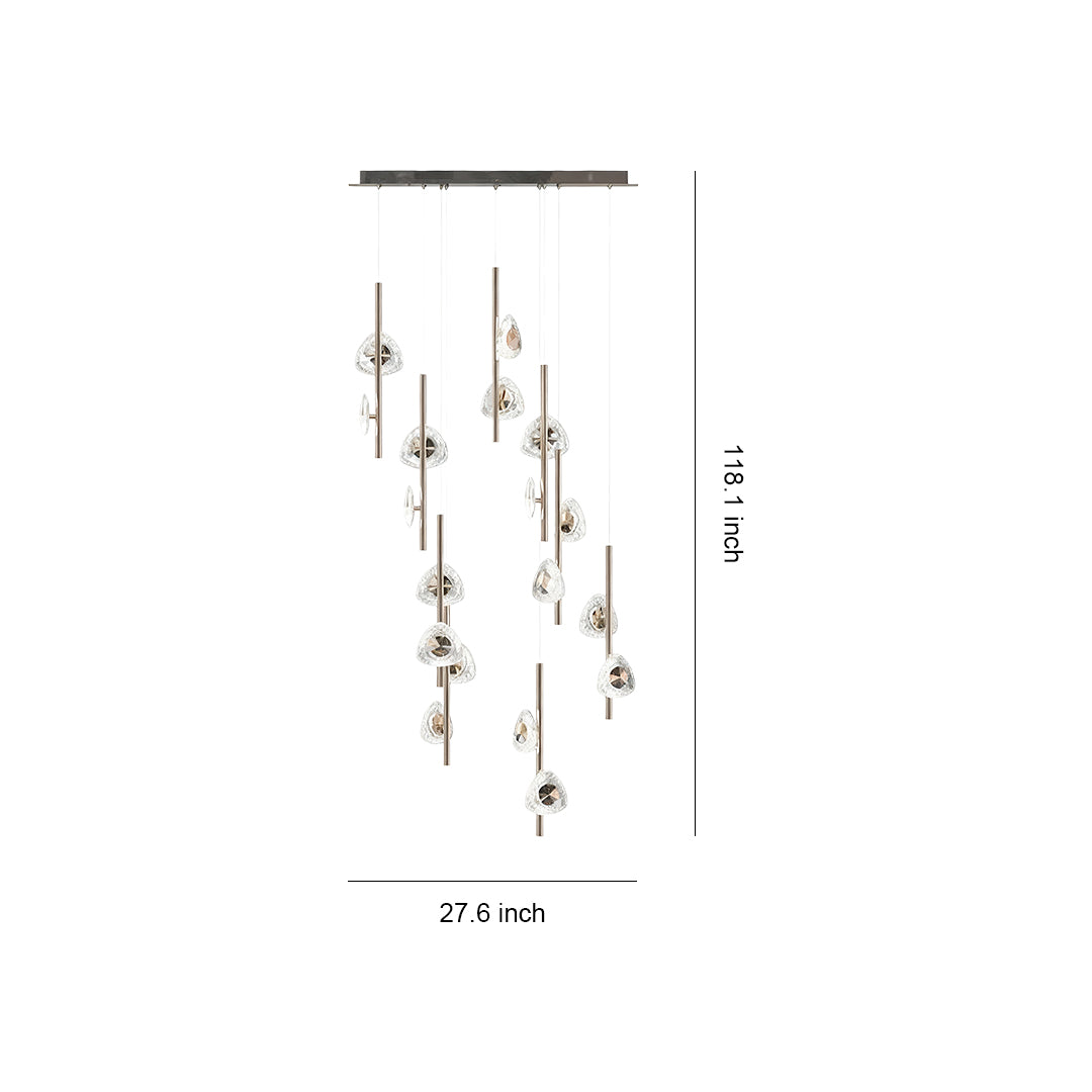 Staircase crystal chandelier with cascading design featuring multiple vertical strands of crystal glass elements on white background