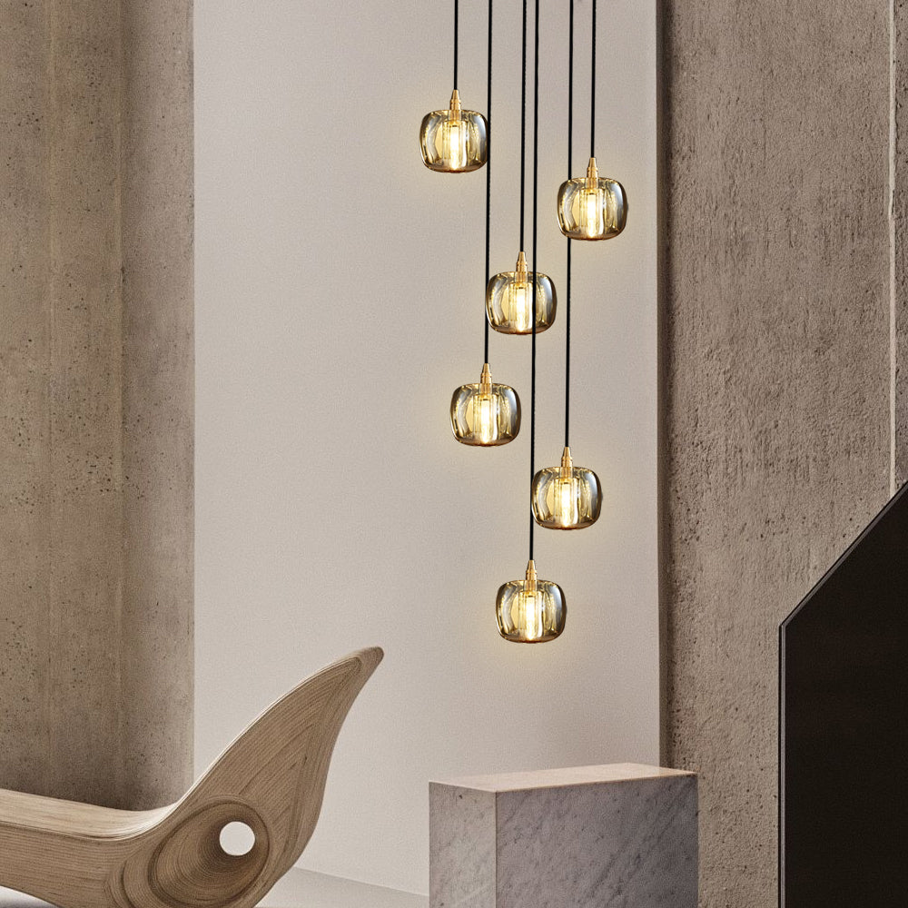 Staircase crystal chandelier with a contemporary design, providing soft illumination.
