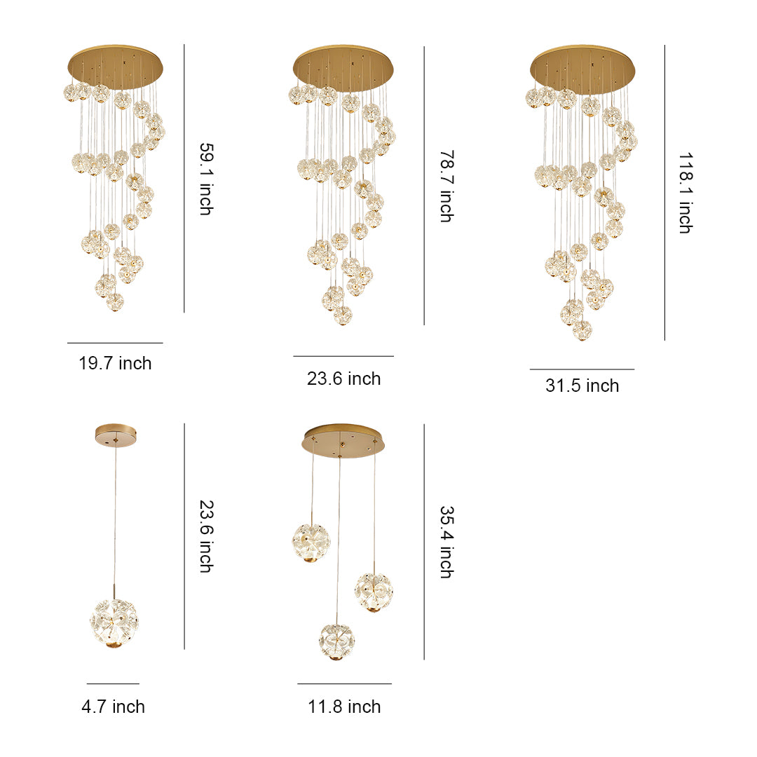 Size chart showing different height and width options for a staircase crystal chandelier.