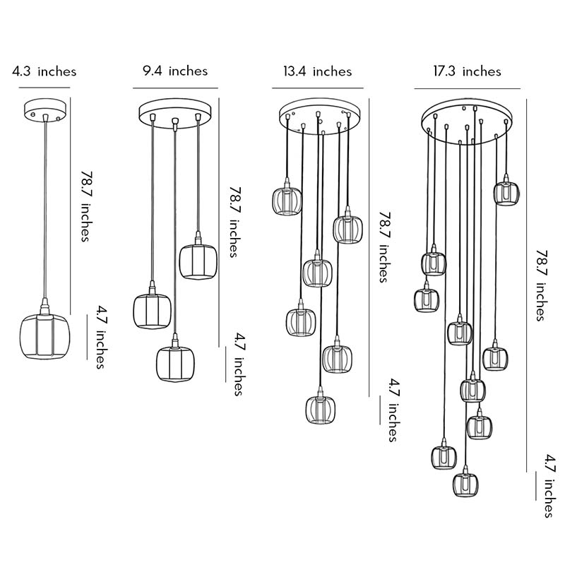 Technical diagram of staircase crystal chandelier showing dimensions and installation details.