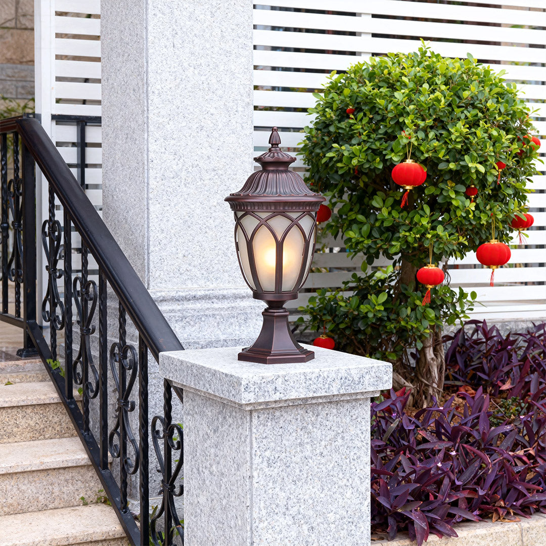 Garden pillar light beside a staircase, elegant and functional outdoor lighting fixture