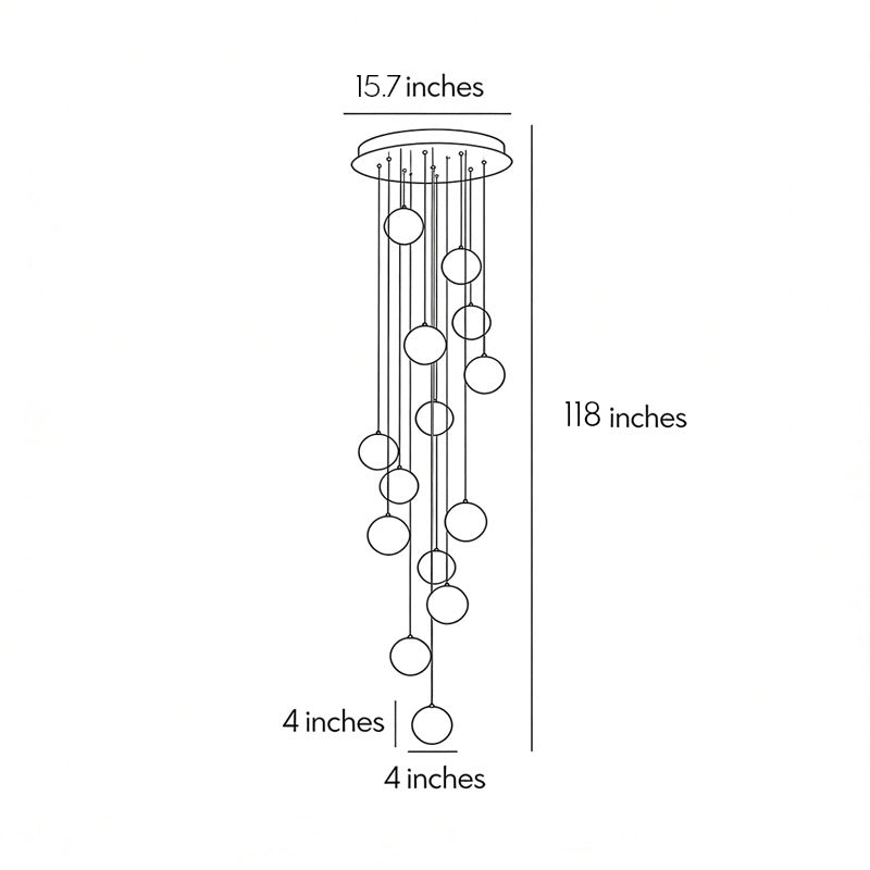 Staircase hanging chandelier size diagram showing a cascading globe chandelier with a 15.7-inch canopy, 118-inch overall height, and 4-inch glass globes.