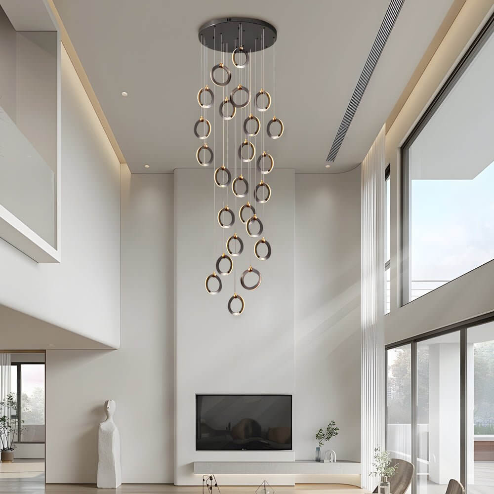 LED ring cluster rotating modern staircase chandelier