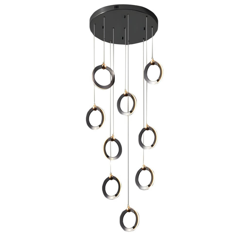 Staircase lighting chandelier with a close-up of its elegant ring and light details.