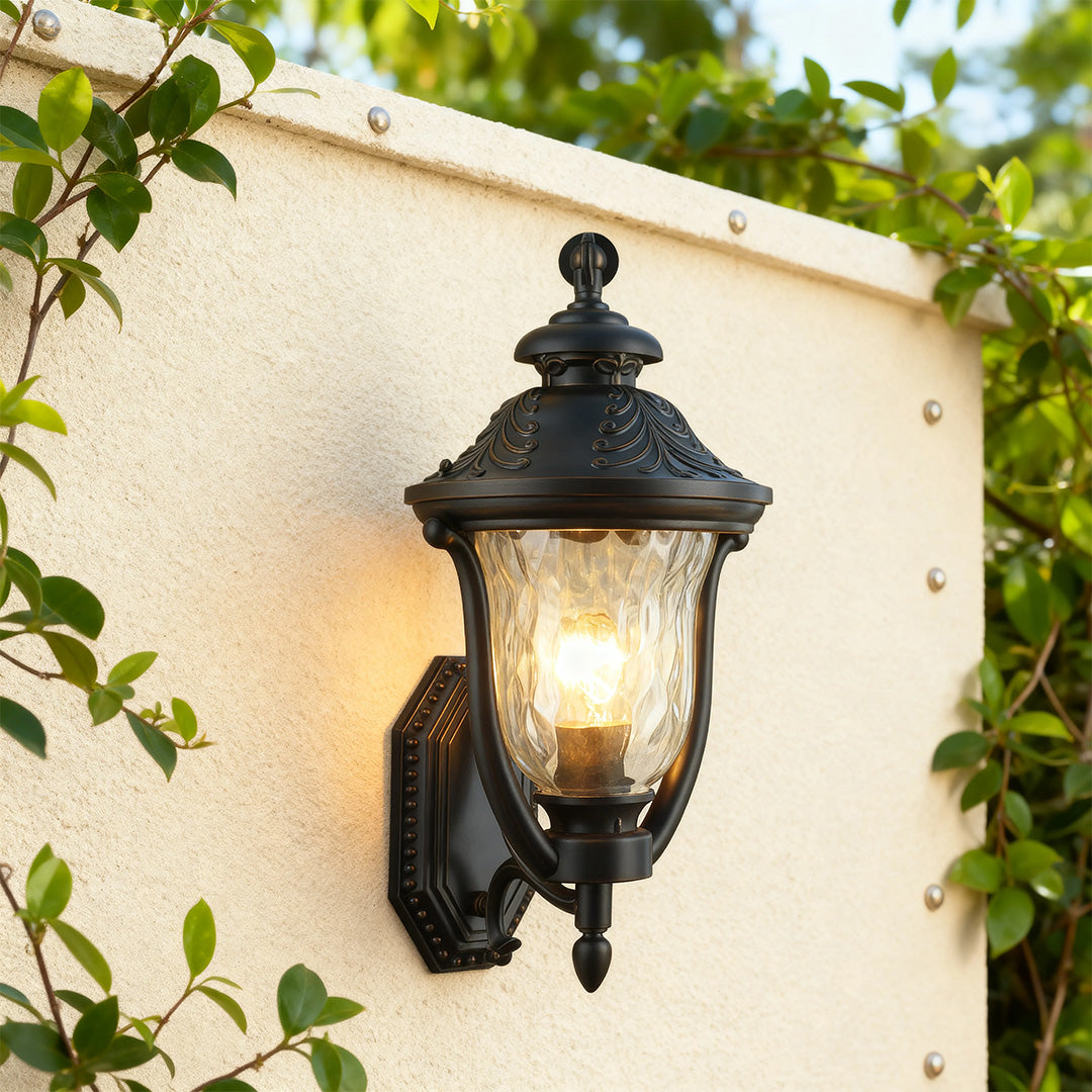 Outdoor wall light beside a staircase, stylish and warm exterior lighting solution