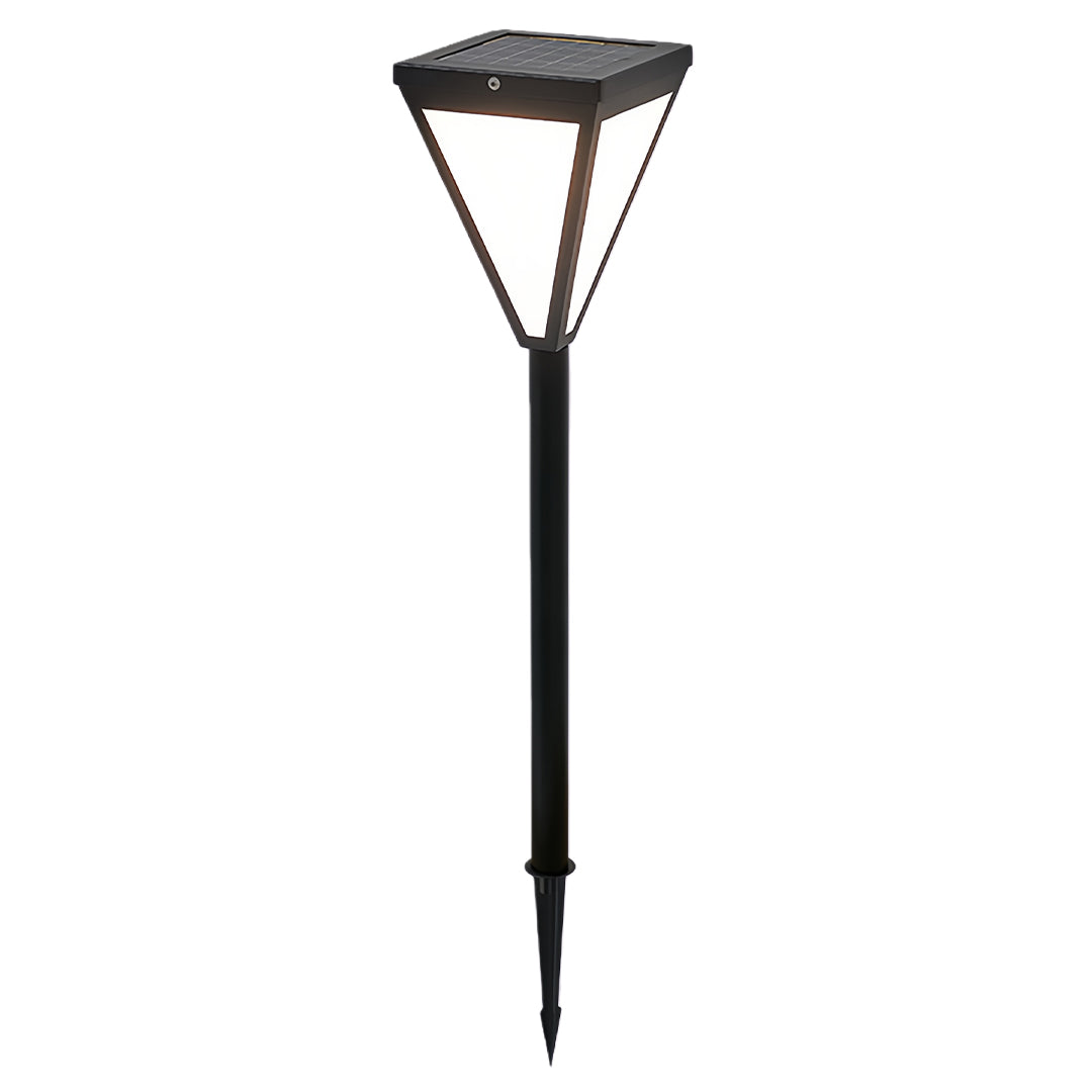 Outdoor solar lights wall mounted stake version with tall slim post and lantern head.