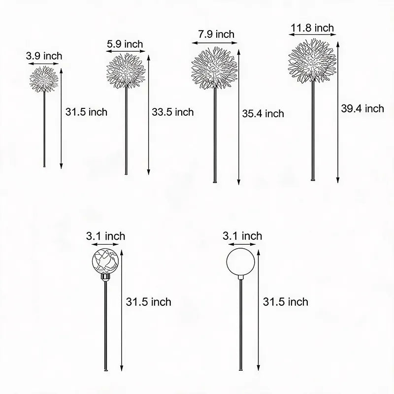 Stakes for yard lights dimensions drawing showing different sizes and height options for garden use.