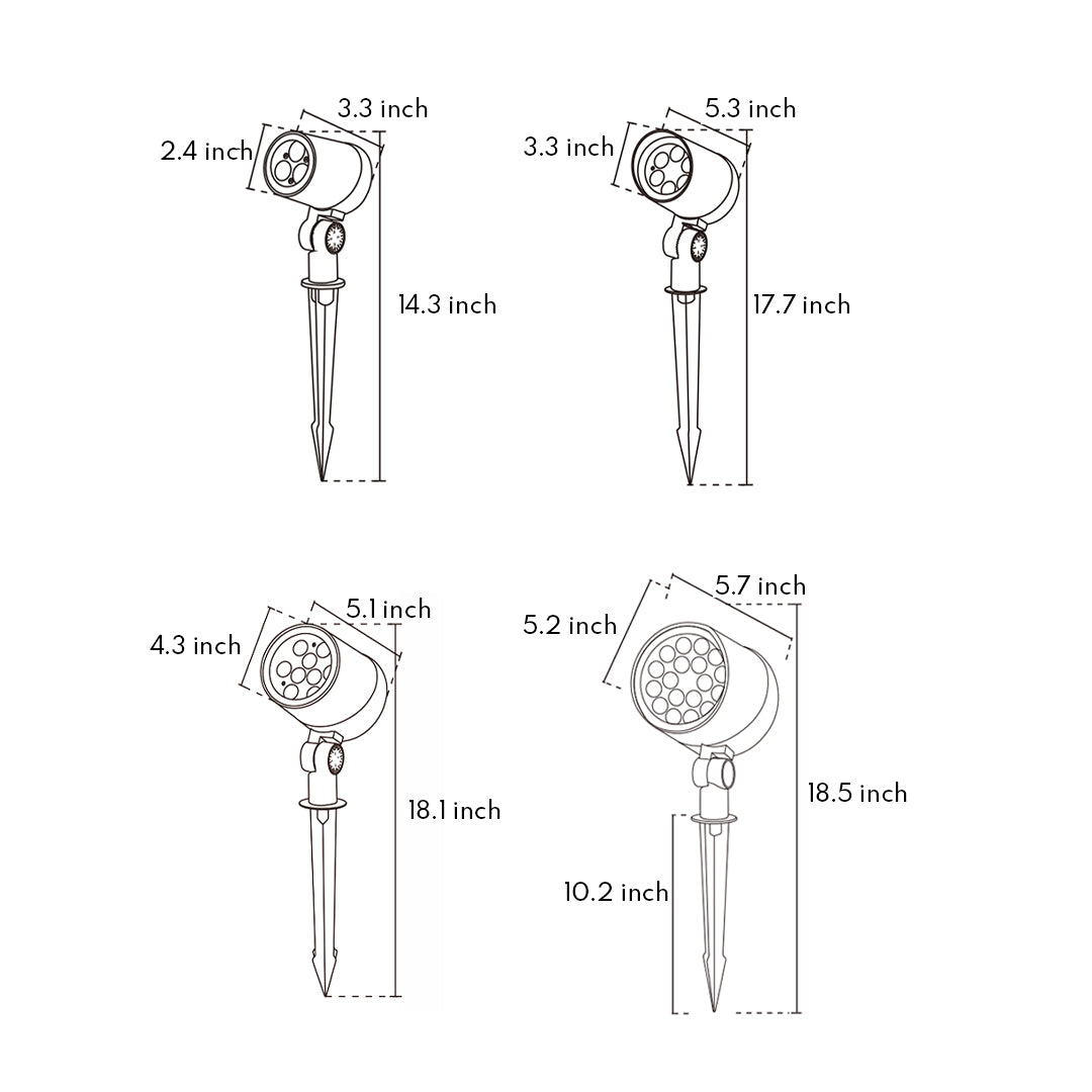 Technical diagram of stakes for outdoor lights showing installation depth and wiring specifications