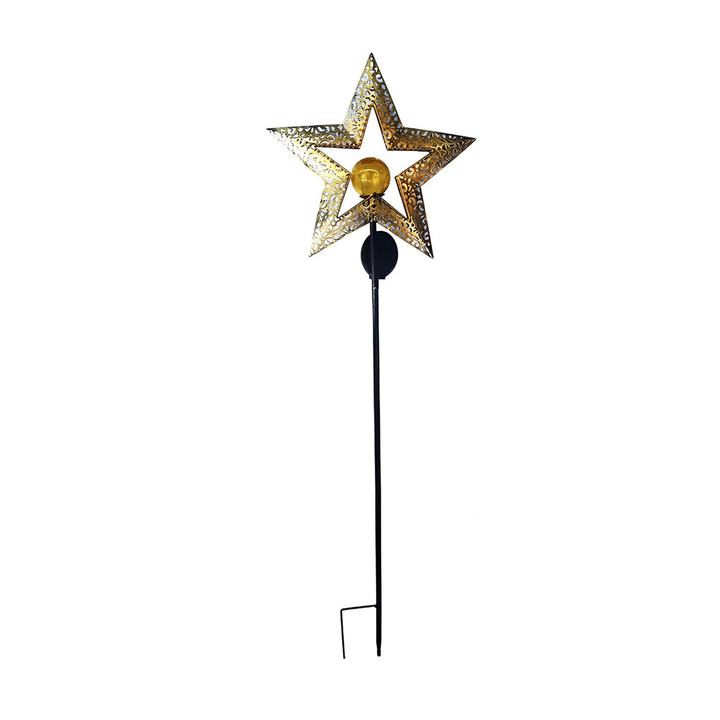 Star-shaped solar garden stake light with perforated metal detailing and a black ground stake.