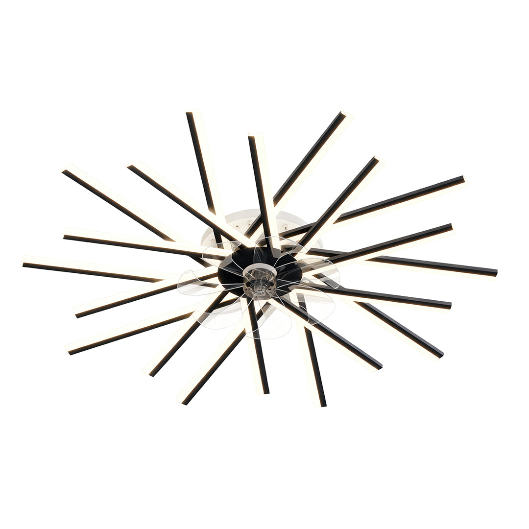 Starburst metal ceiling fan with light with black radiating arms and integrated lighting