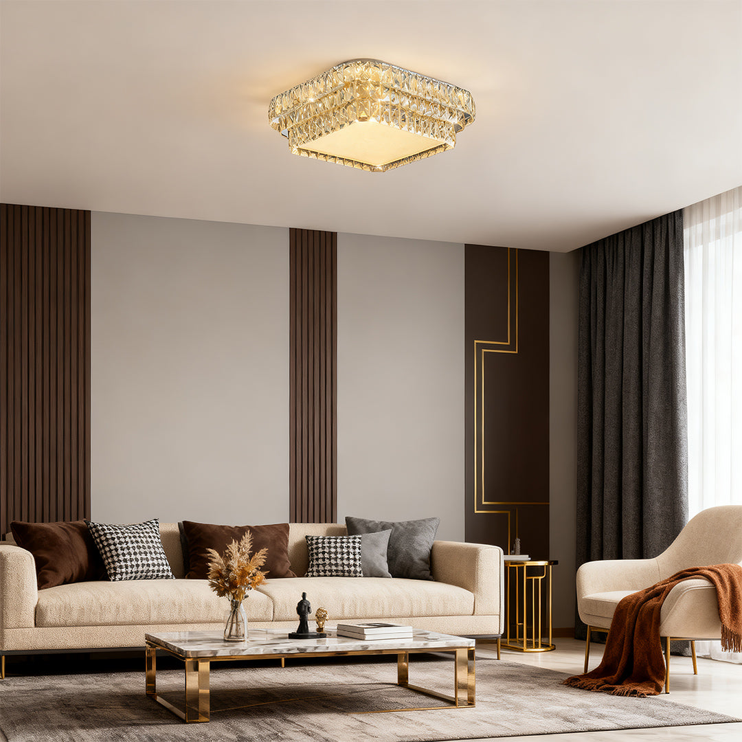 Statement flush mount modern lighting featuring glass shade chandelier influence installed in dramatic dark living room interior.