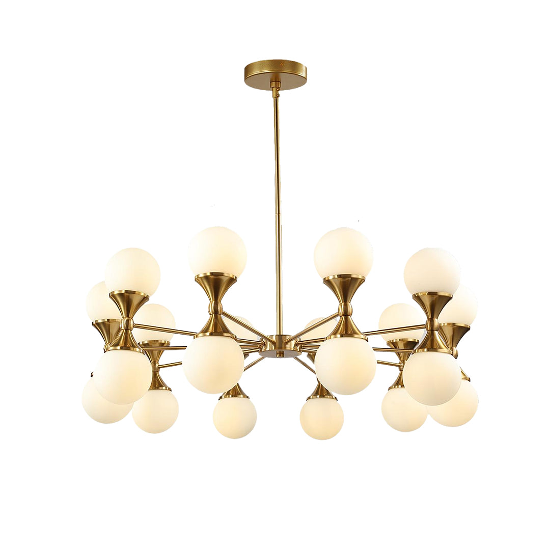 Statement bubble glass chandeliers serving as a central focal point above a dining area with a rich brown and yellow color palette.