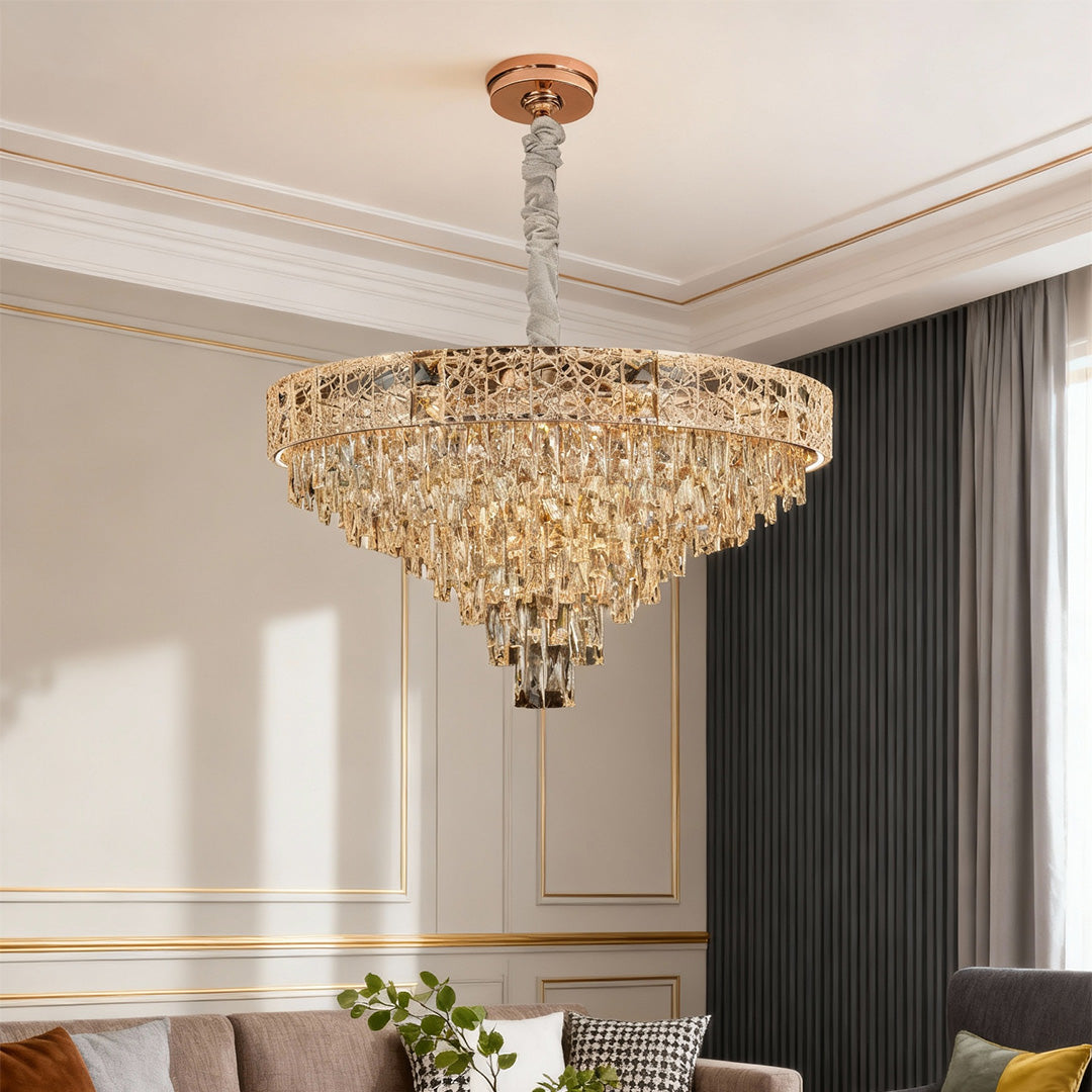 Statement large chandelier with crystal drops illuminating classic dining area.