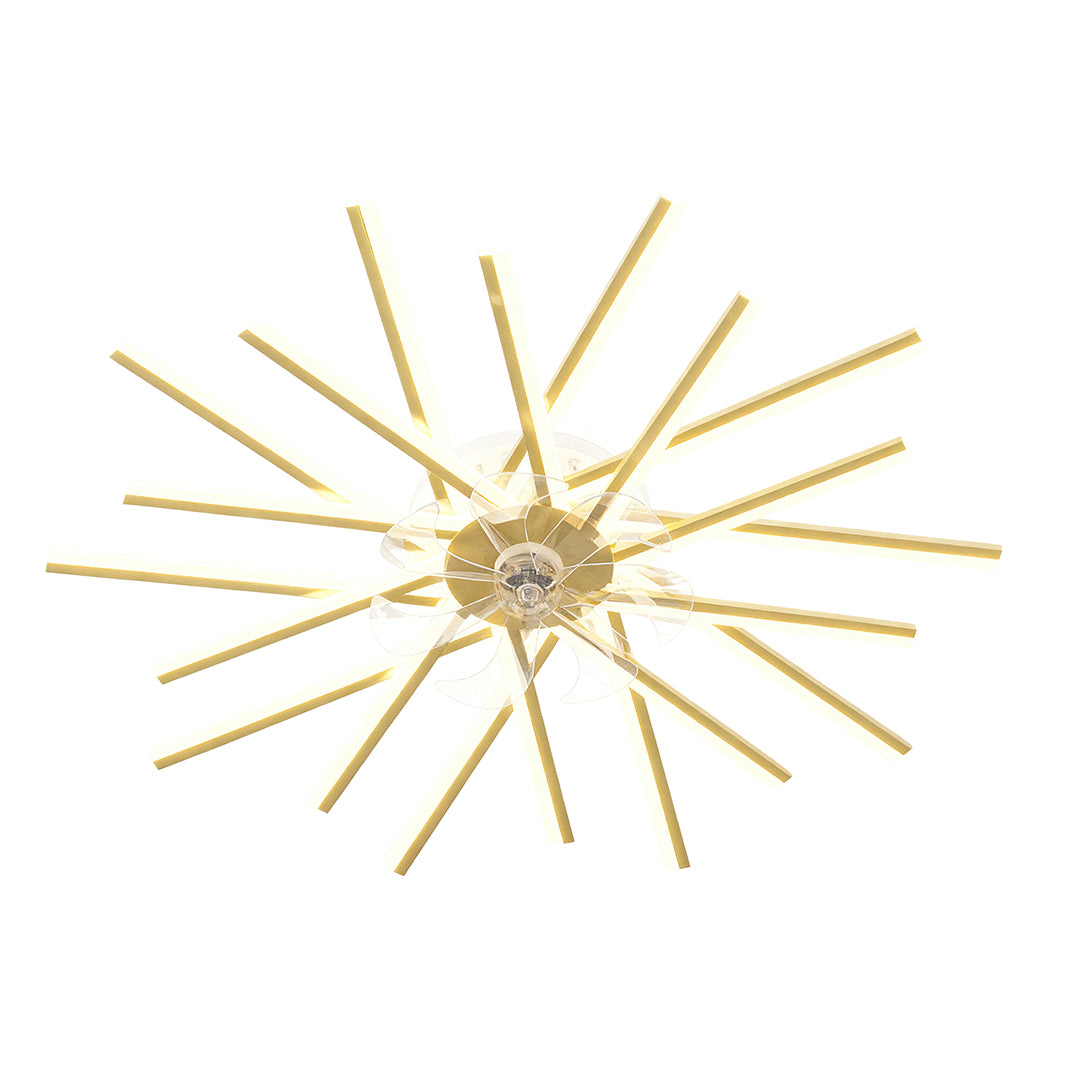 Statement metal ceiling fan with light in bright gold with dramatic radiating spoke arrangement