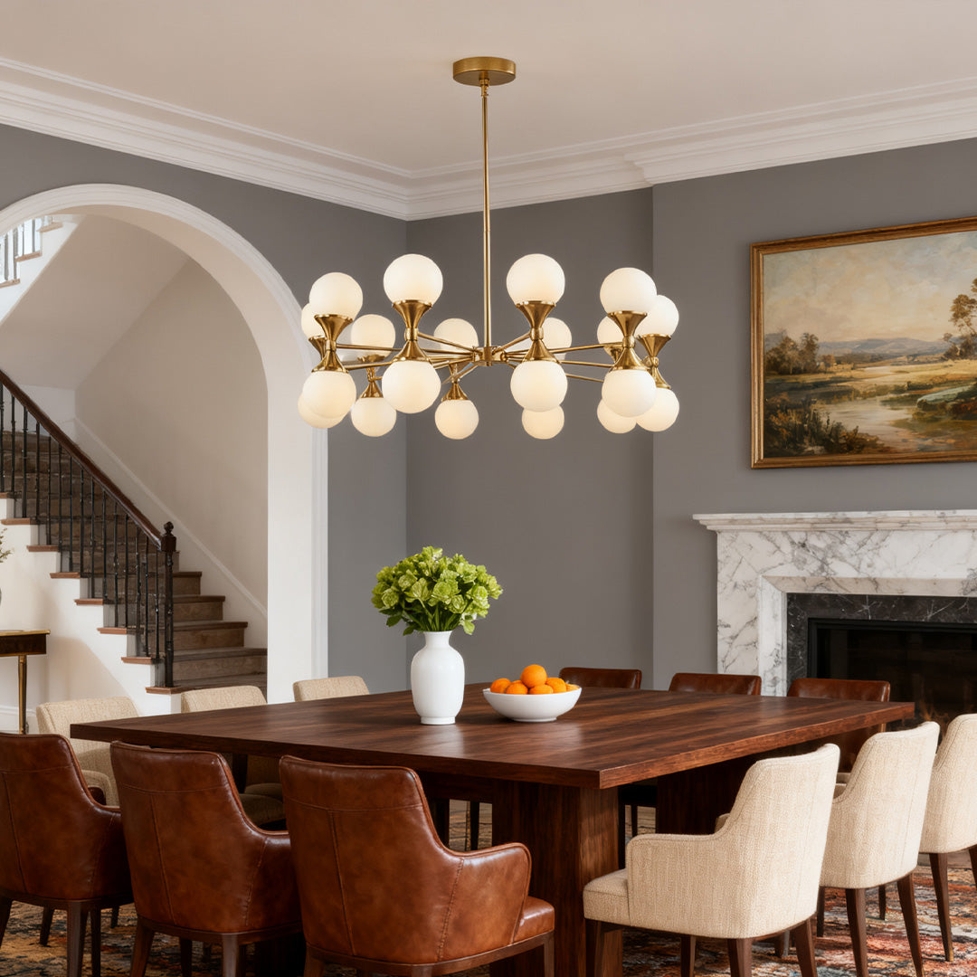 Statement bubble glass chandeliers with an oblong shape, creating a brilliant focal point in a high-end dining or living space.