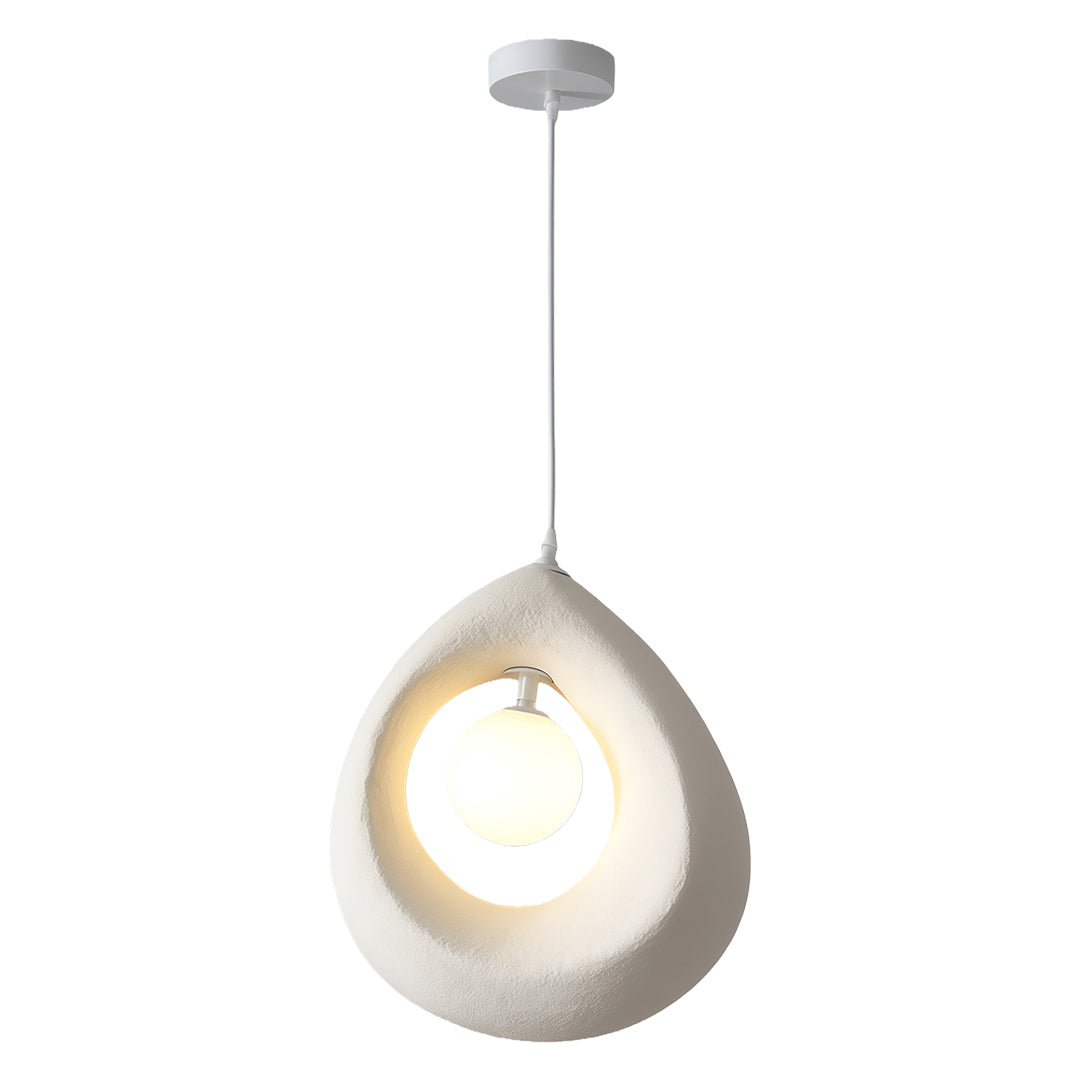 White statement pendant light featuring a sculptural circular frame and warm LED illumination.