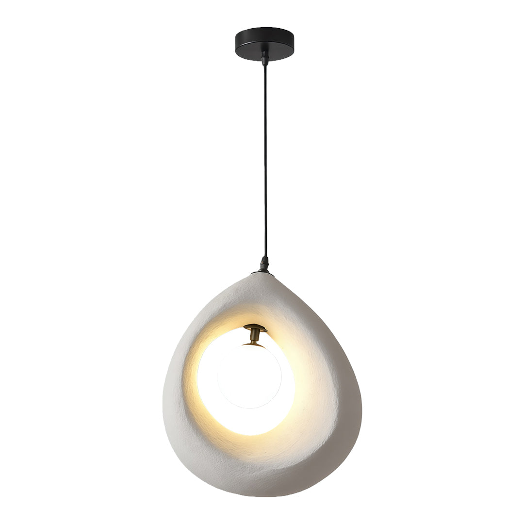 Modern gray statement pendant light with black ceiling mount and soft warm lighting.