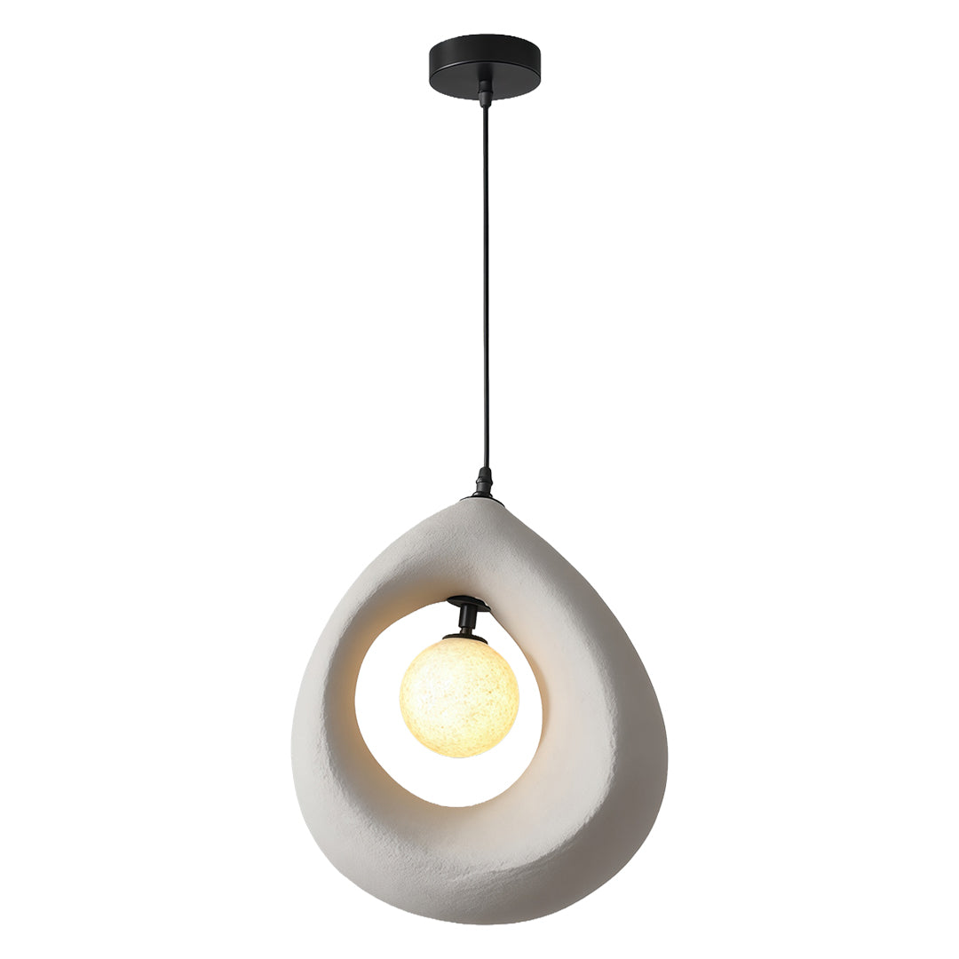 Contemporary statement pendant light with a smooth gray finish and glowing inner ring.