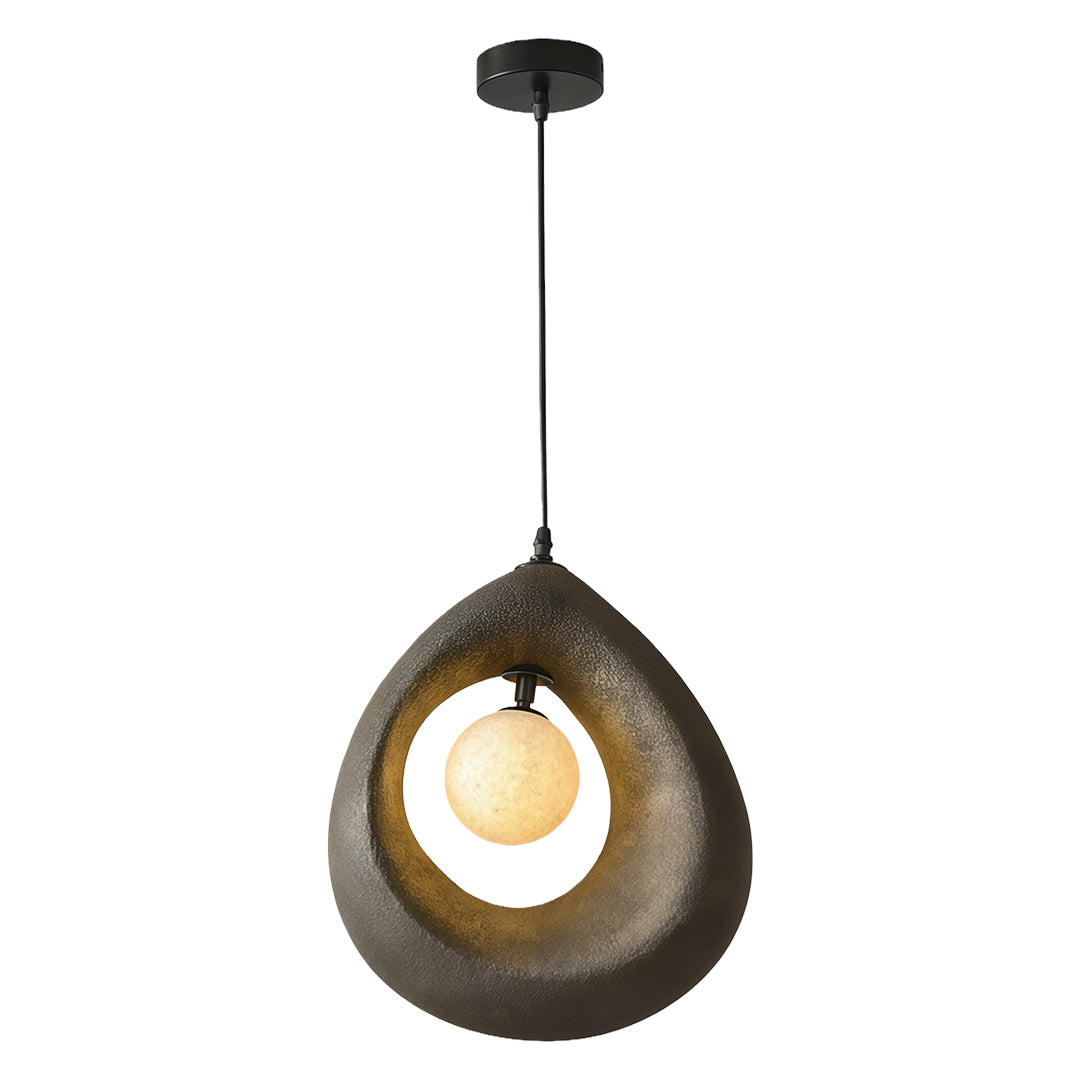 Dark bronze statement pendant light with textured finish and glowing center ring.