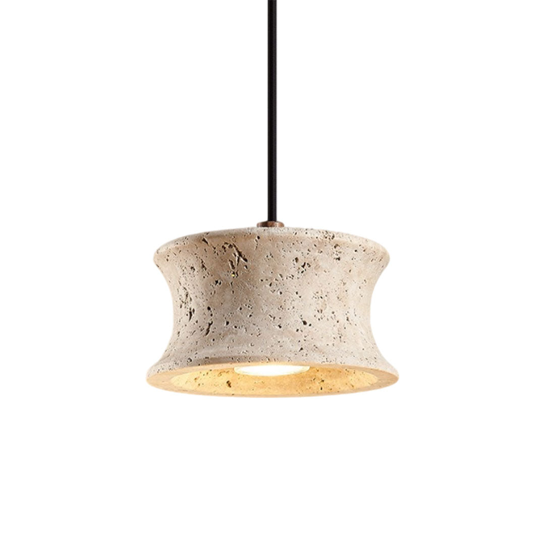 Drum pendant light fixture with a natural textured stone shade and slim black suspension rod.