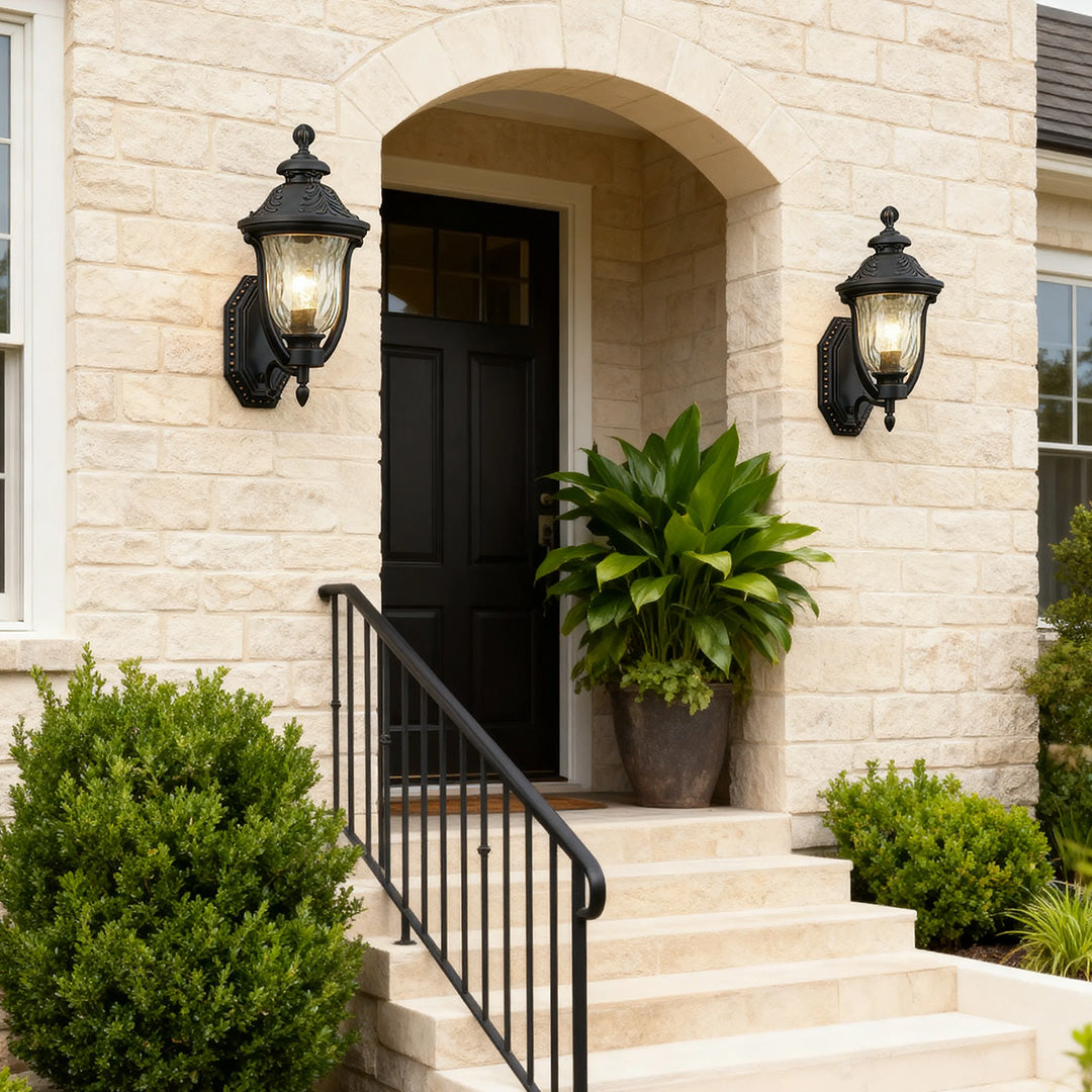 Outdoor wall light on a stone exterior, elegant and functional exterior lighting fixture