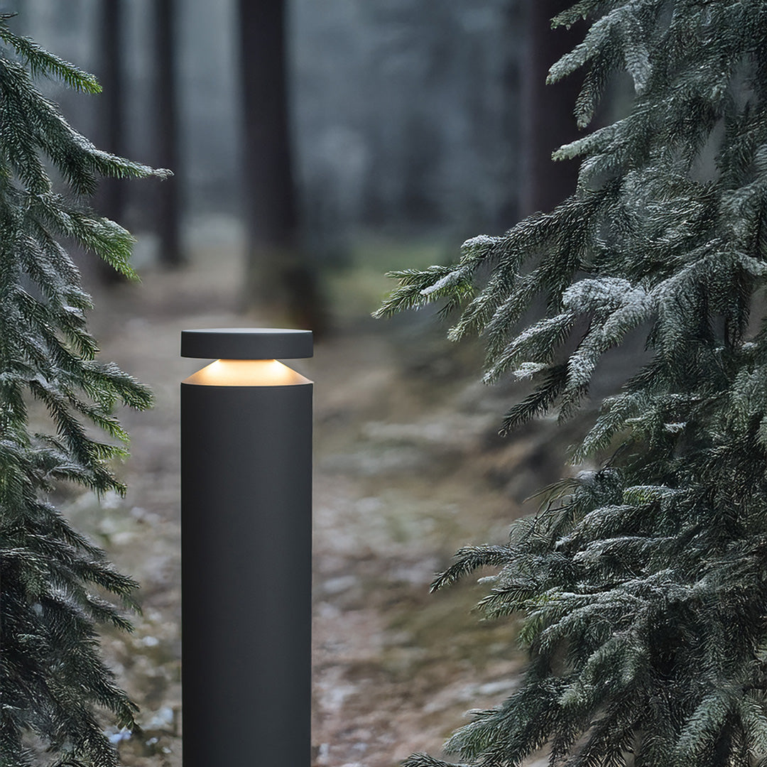 Pathway LED light installed in natural stone landscape providing guidance lighting through garden area