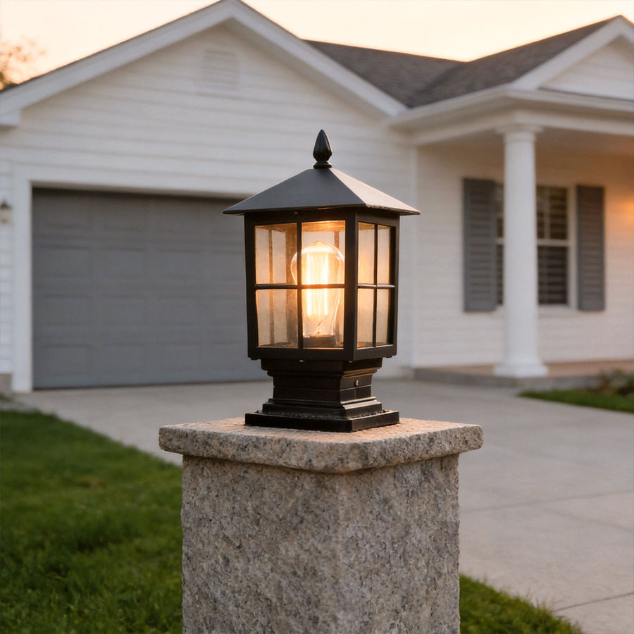Stone Light Pillar features a traditional design with black finish, providing waterproof dual-sided illumination and durable LED lighting for outdoor spaces.