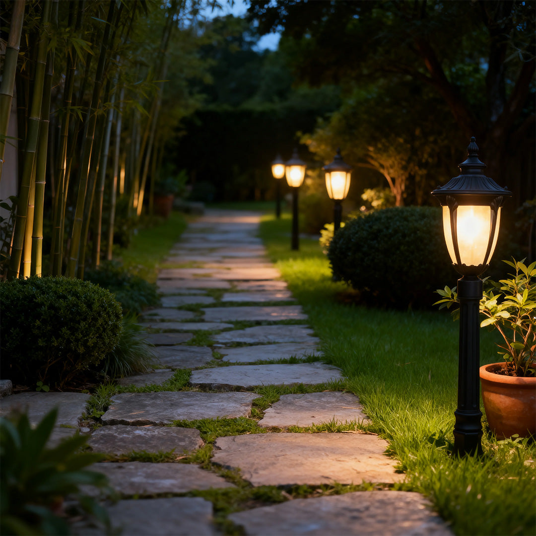 Bollard light for garden along a stone pathway, elegant and functional outdoor lighting fixture