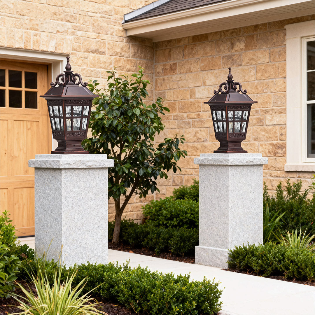 Pillar garden light mounted on a stone pillar, elegant and functional outdoor lighting