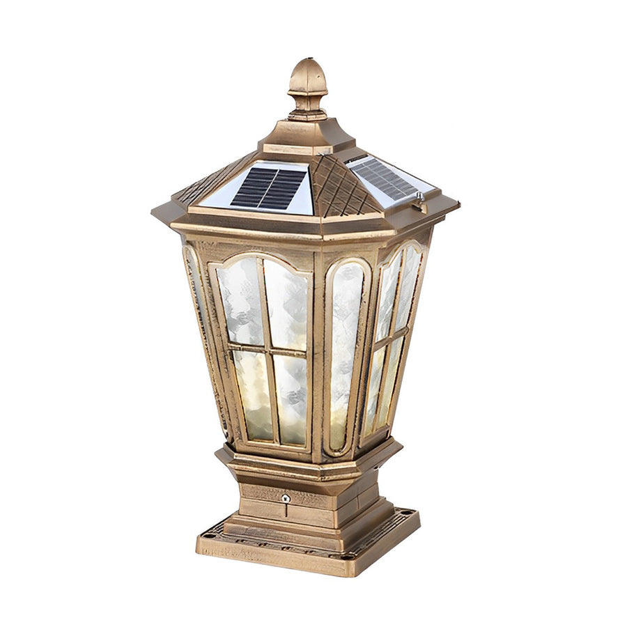 Antique bronze stone pillar light fixture with solar panel top displayed on white background.