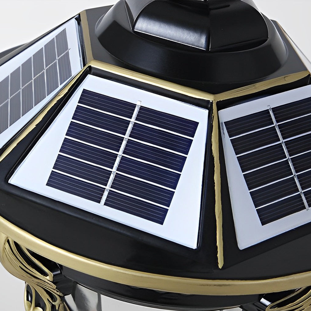 Stone pillar lights with a decorative design, enhancing the outdoor ambiance.