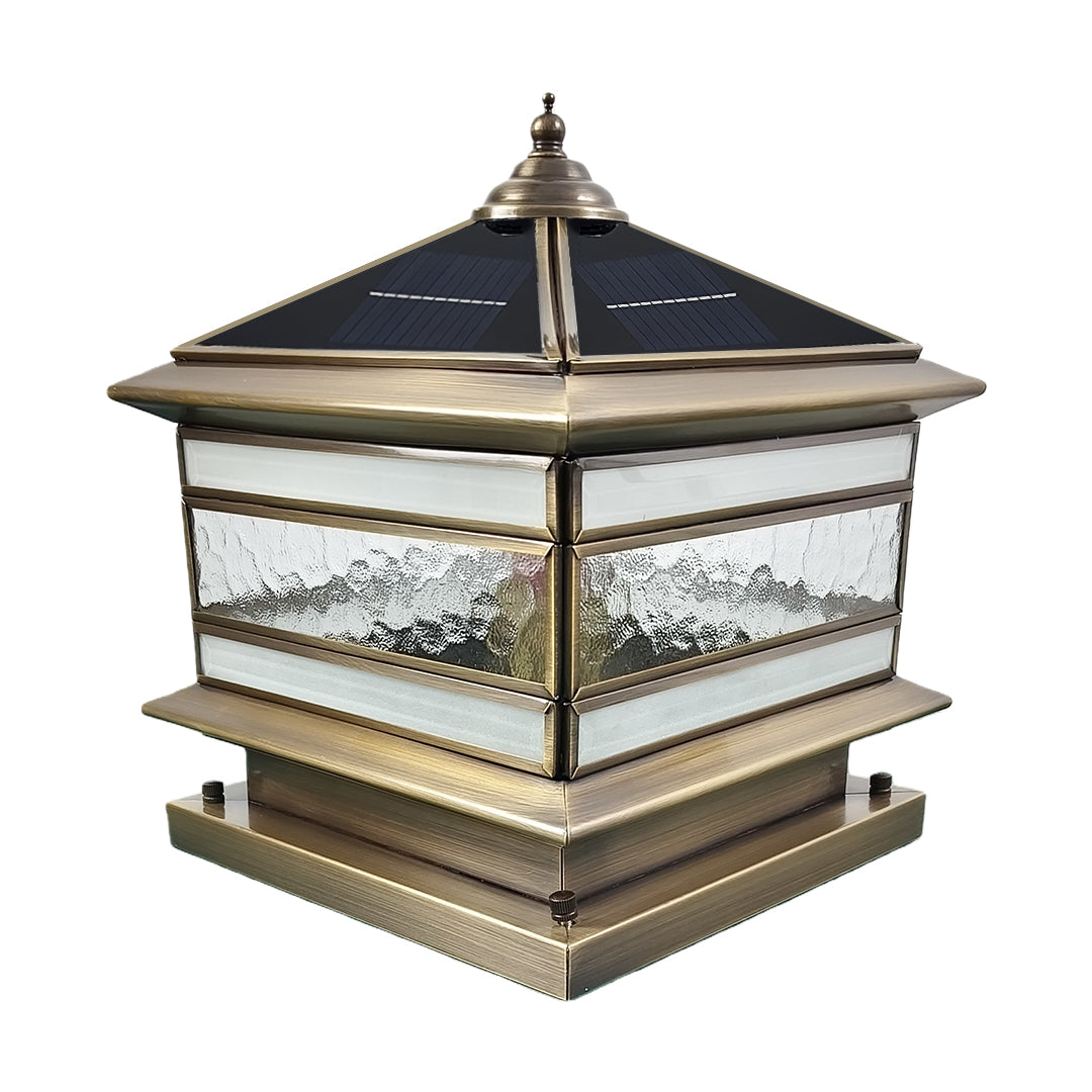 Solar powered stone pillar lights with dark top cap shown in studio setting.