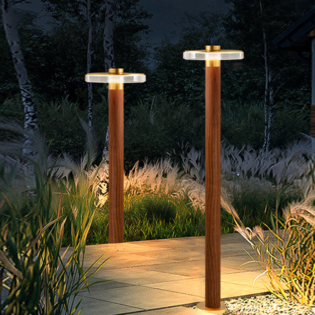 Tall bronze landscape pathway lighting fixtures placed along a stone walkway in lush planting.