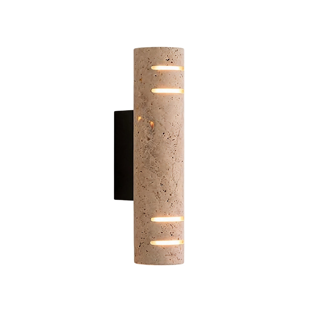 Stone wall light product image showing a cylindrical stone shade with warm illuminated cutout lines and a black backplate.