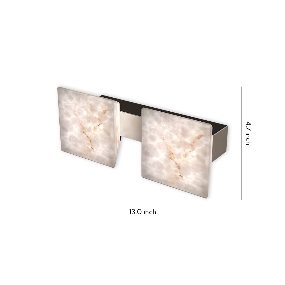 Dual stone wall sconce lighting featuring pair of alabaster cube shades on horizontal bar mounting