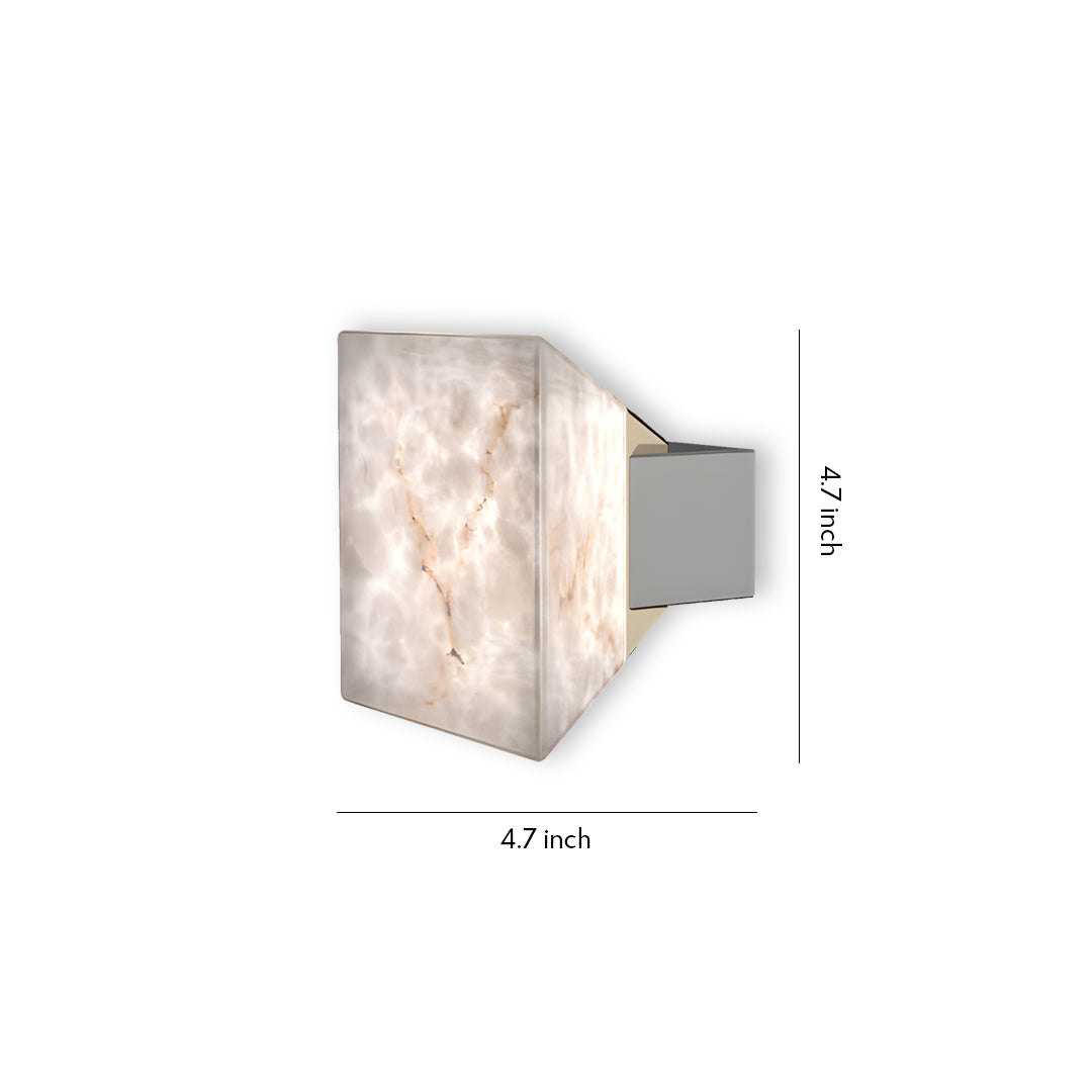 Single stone wall sconce lighting with natural alabaster cube shade and brushed nickel wall mount bracket