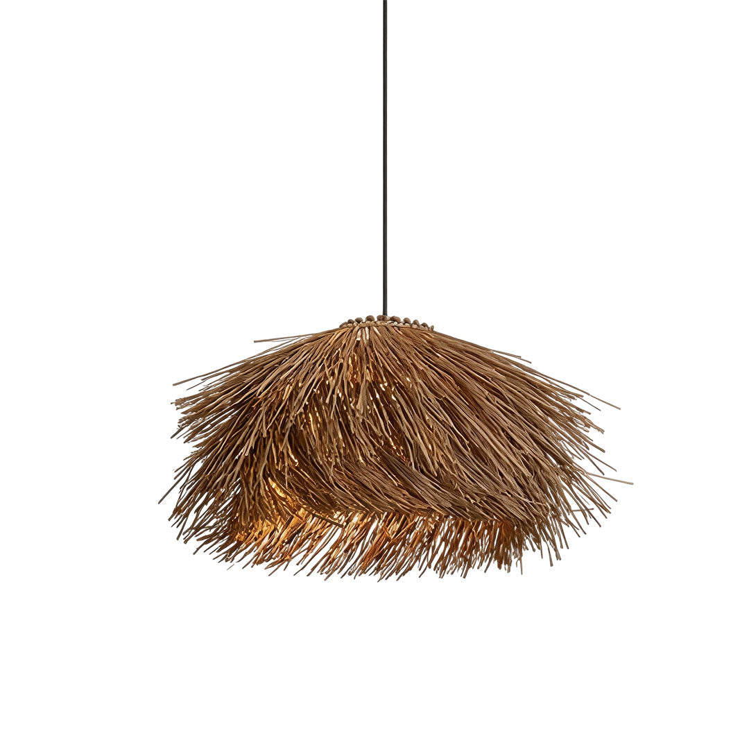 Straw pendant light in a white background product view shown from a slightly angled perspective.
