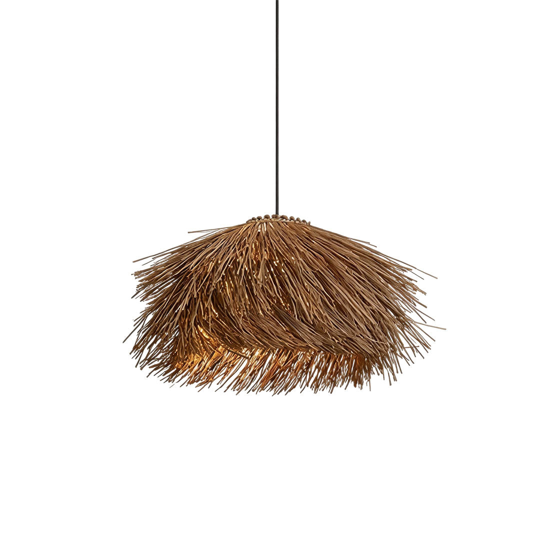 Straw pendant light in a white background product view with a natural fringed shade and warm inner glow.