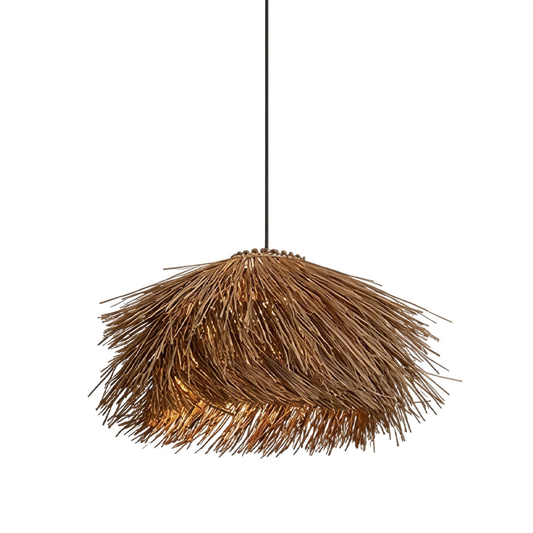Straw pendant light in a white background product view with a rounded fringed profile and warm illumination.