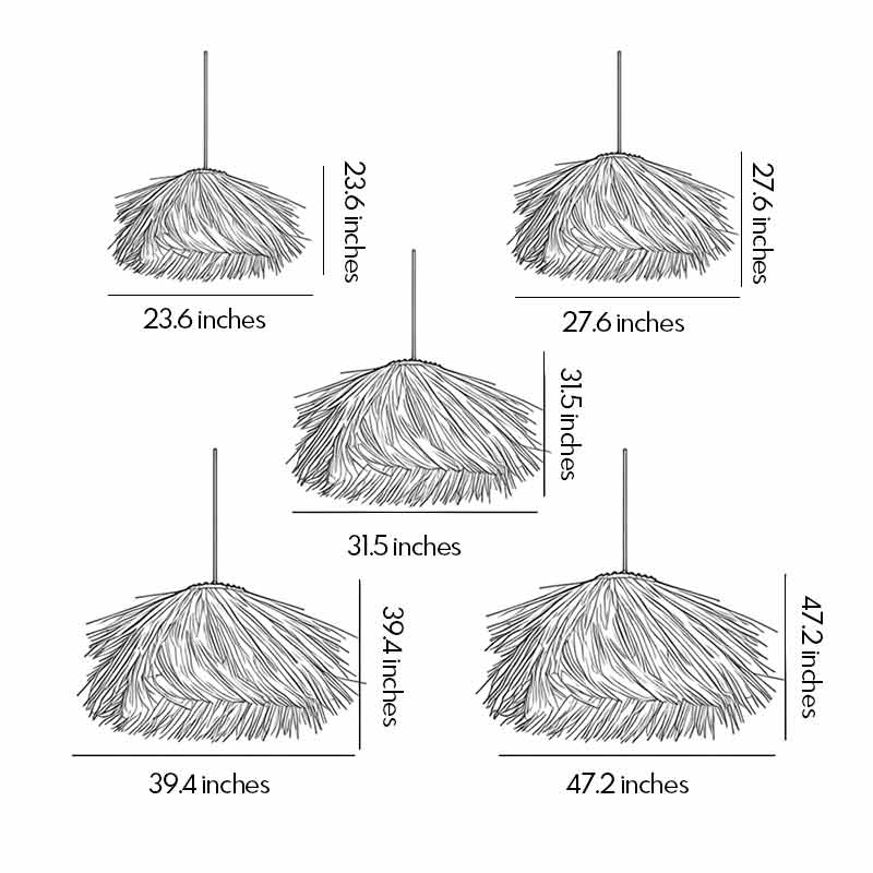 Straw pendant light dimension diagram showing multiple size options and overall hanging proportions.