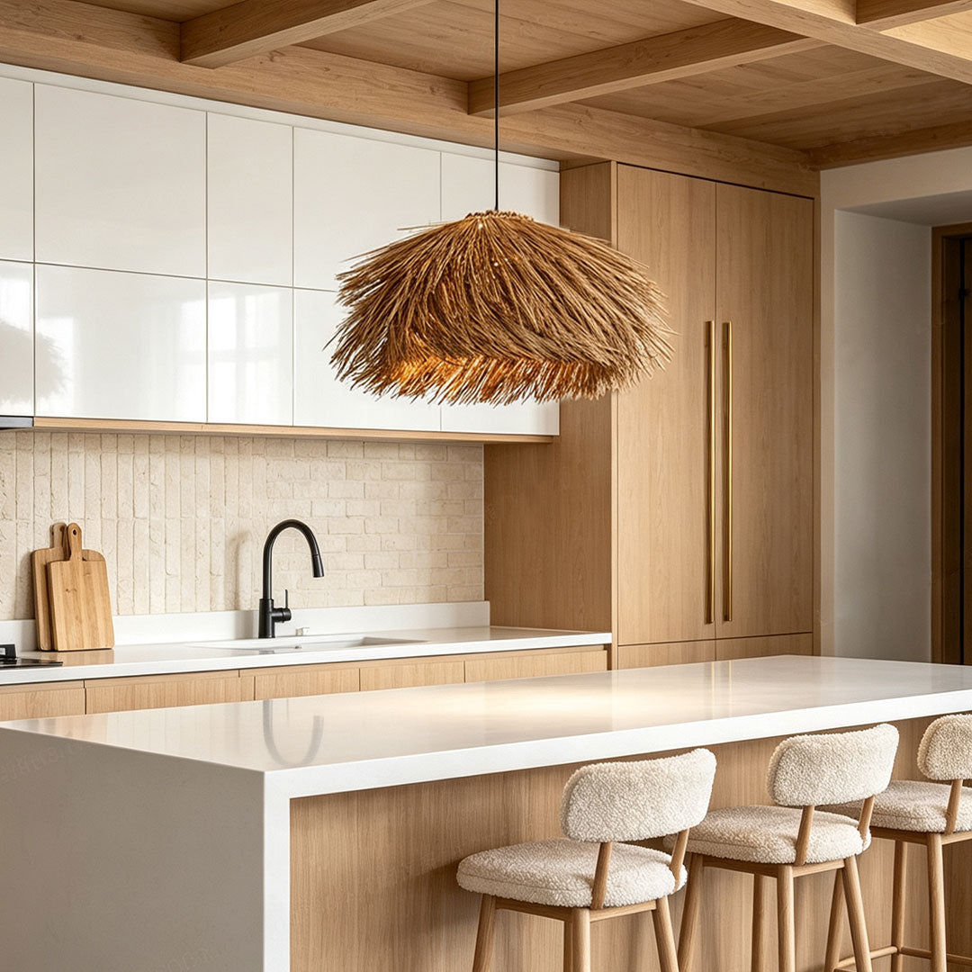 Straw pendant light centered above a white kitchen island in a bright modern kitchen with wood accents.