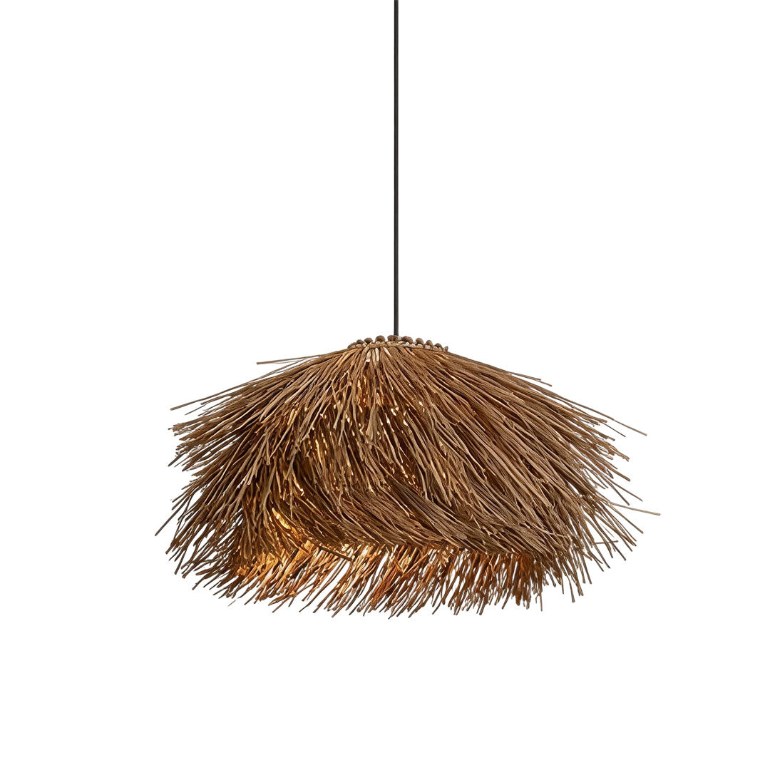 Straw pendant light in a white background product view with a wide natural fiber shade and hanging cord.
