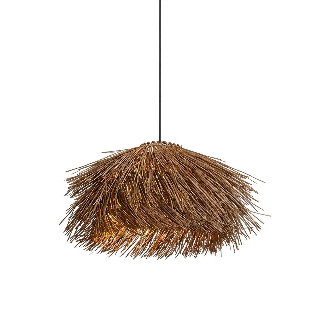 Straw pendant light in a white background product view featuring a textured woven fringe silhouette.