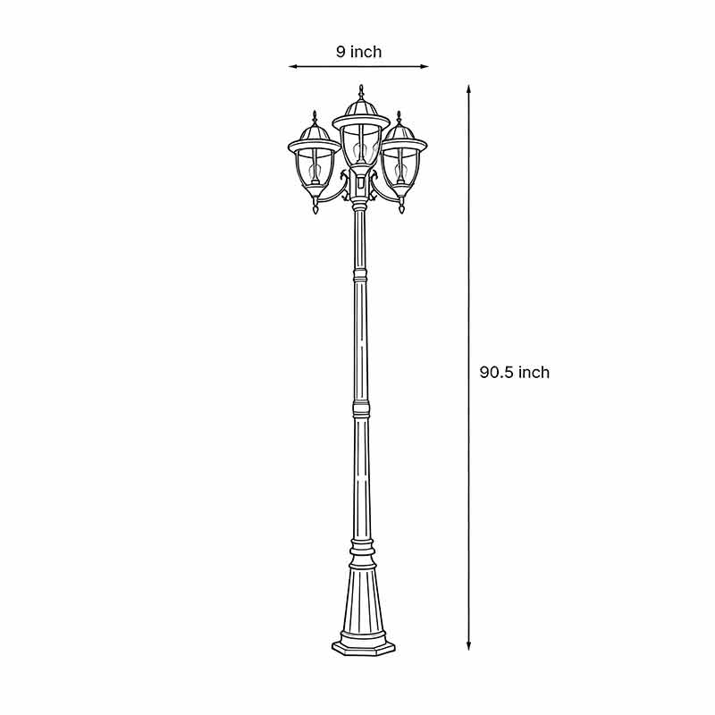 Technical size chart for street lamp post lights with 90.5 inch height and 9 inch width specs.