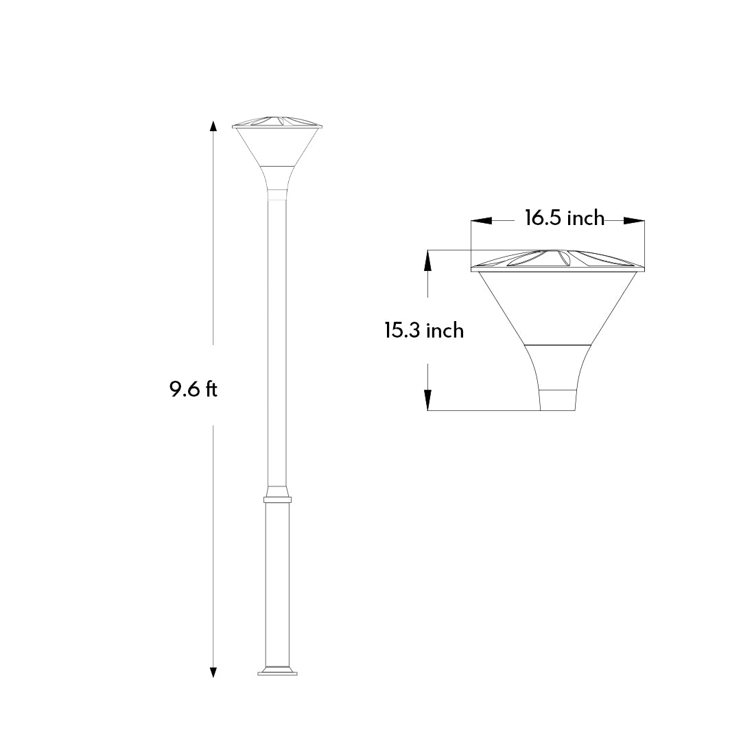 Technical specification diagram with measurements and installation details for street lamp post