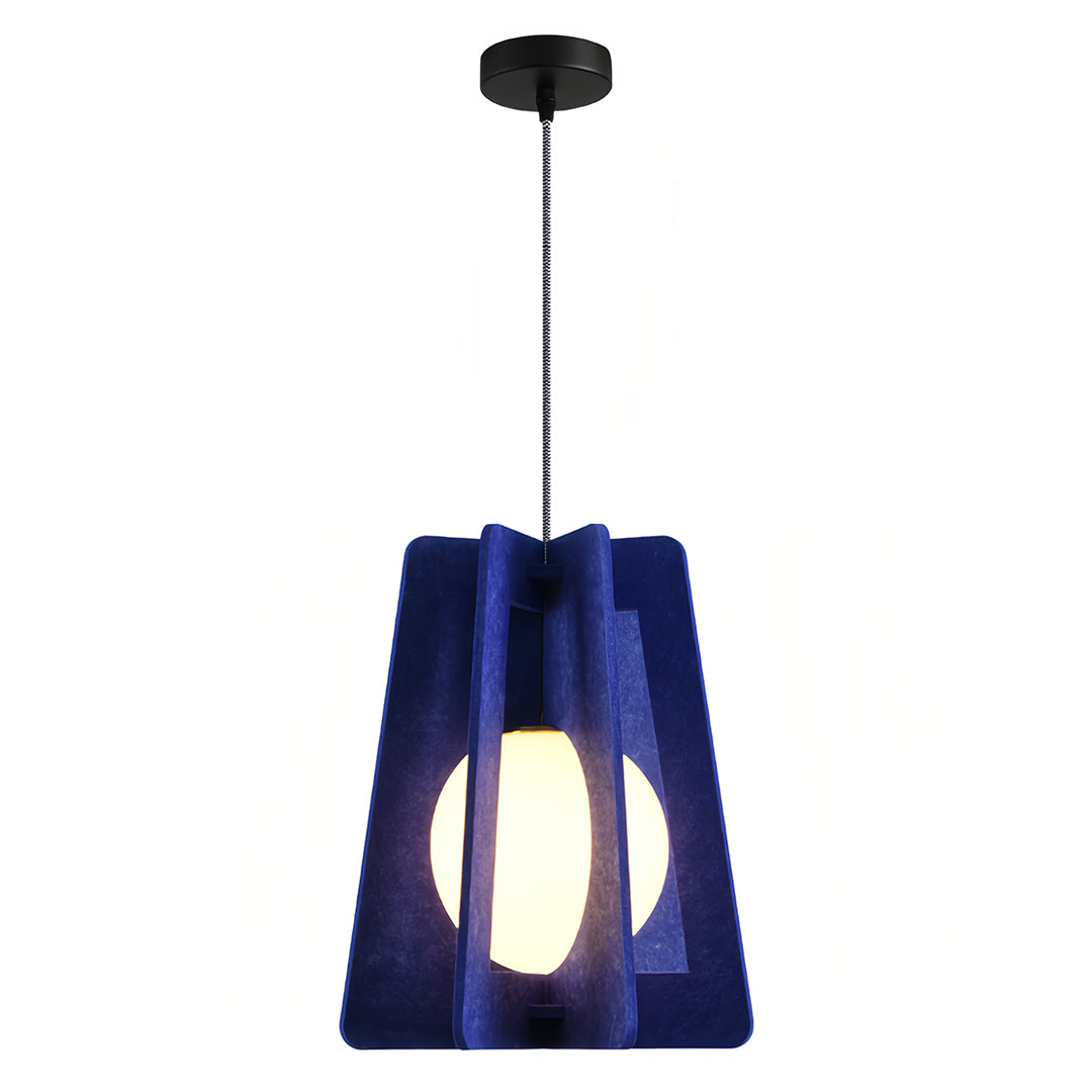 Striking blue felt fun pendant lights with a visible globe bulb, showcasing the acoustic and sculptural material. 