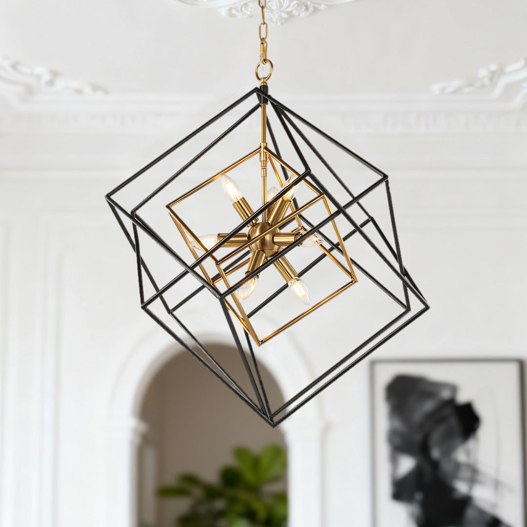 Close-up of the striking square pendant lights nested design, providing focused light in a classic entryway with architectural details.