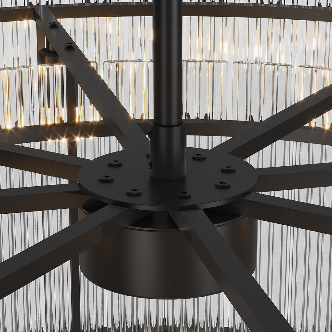 Central hub and support structure of a glass lamp shade chandelier with black matte finish and crystal accents.