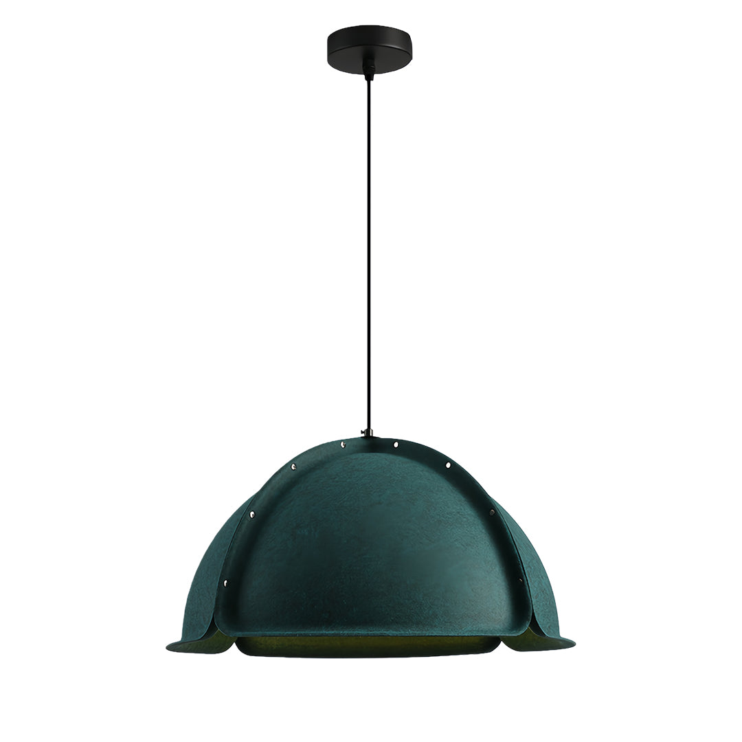 Studio shot of the deep green colored pendant light, highlighting the black cord and canopy against a white background.